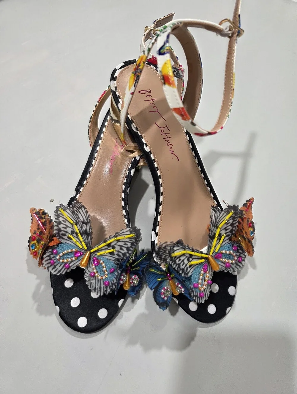 Betsey Johnson Black Polka Dot Sandals with Multicolor Butterfly Embellishments - Picture 1 of 13